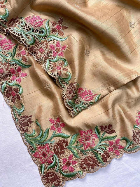 VastraLakshmi Precious Beige Embroidery Work Tussar Silk Saree With Attractive Blouse Piece