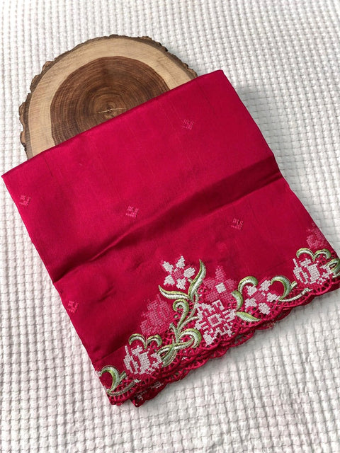 VastraLakshmi Staring Dark Pink Embroidery Work Tussar Silk Saree With Glowing Blouse Piece