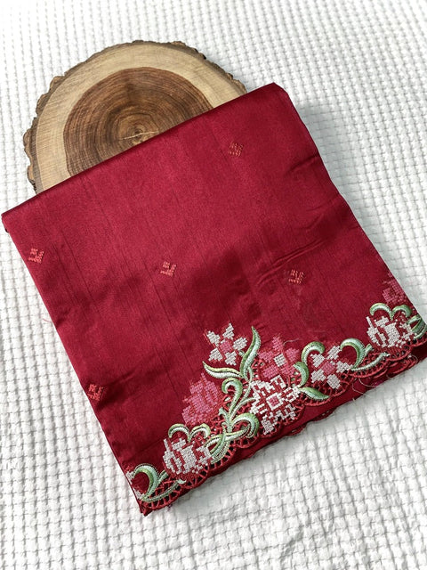 VastraLakshmi Surpassing Maroon Embroidery Work Tussar Silk Saree With Captivating Blouse Piece