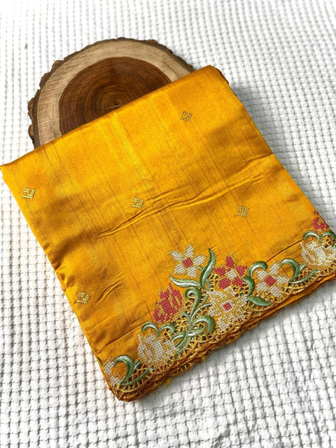 VastraLakshmi Blissful Mustard Embroidery Work Tussar Silk Saree With Preferable Blouse Piece