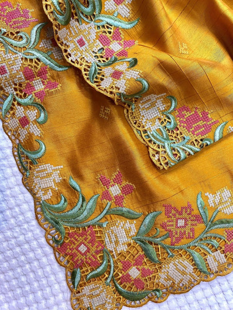 VastraLakshmi Blissful Mustard Embroidery Work Tussar Silk Saree With Preferable Blouse Piece