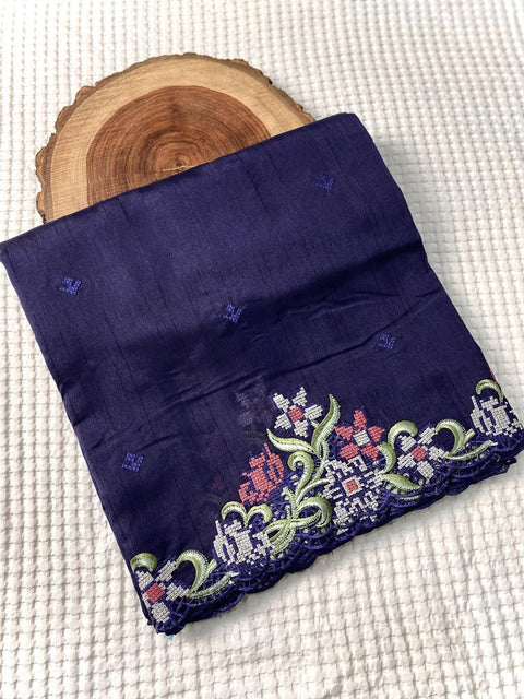 VastraLakshmi Fancifull Navy Blue Embroidery Work Tussar Silk Saree With Stunner Blouse Piece