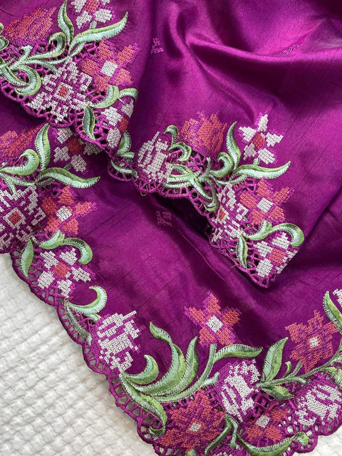 VastraLakshmi Ideal Purple Embroidery Work Tussar Silk Saree With Comely Blouse Piece