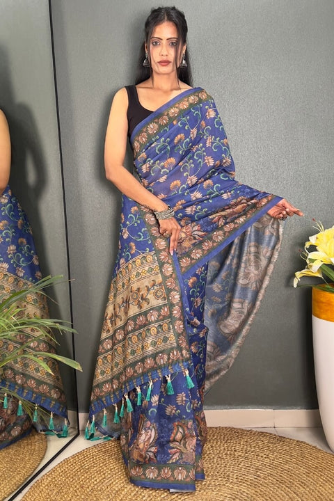 VastraLakshmi Pretty Blue Kalamkari Printed Saree With Lovely Blouse Piece