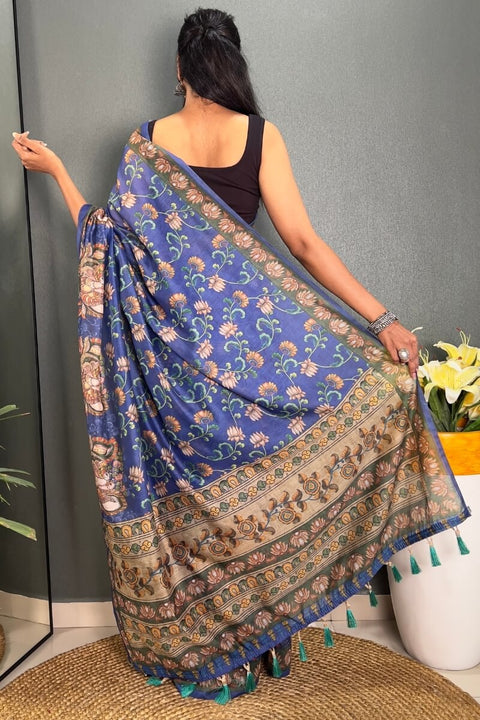 VastraLakshmi Pretty Blue Kalamkari Printed Saree With Lovely Blouse Piece