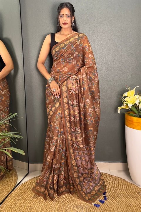 VastraLakshmi Sizzling Brown Kalamkari Printed Saree With Charming Blouse Piece