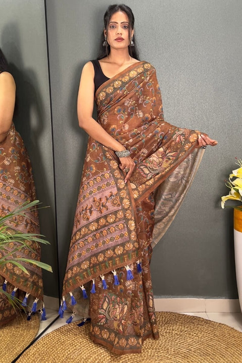 VastraLakshmi Sizzling Brown Kalamkari Printed Saree With Charming Blouse Piece