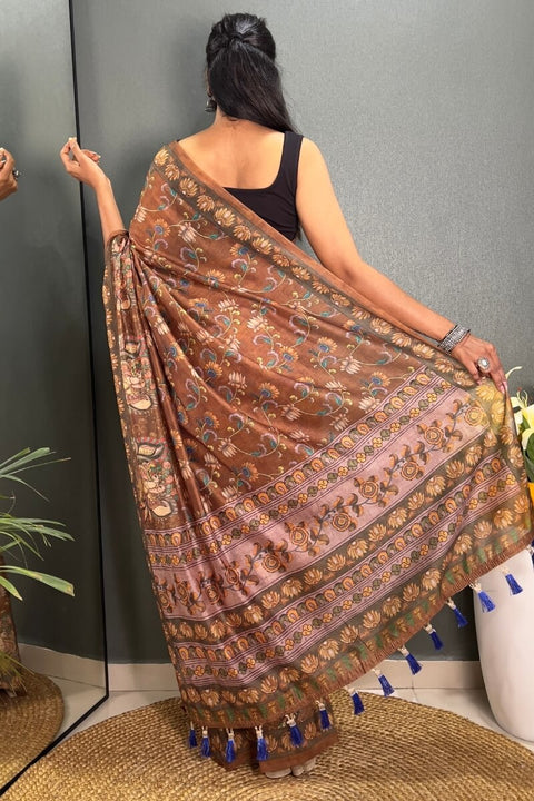 VastraLakshmi Sizzling Brown Kalamkari Printed Saree With Charming Blouse Piece