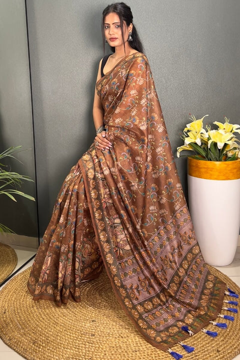 VastraLakshmi Sizzling Brown Kalamkari Printed Saree With Charming Blouse Piece