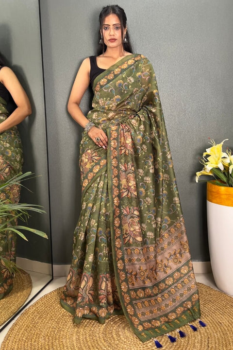 VastraLakshmi Captivating Green Kalamkari Printed Saree With Prominent Blouse Piece