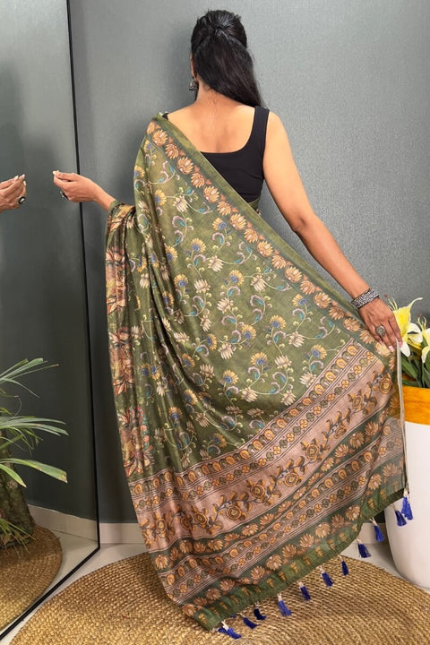 VastraLakshmi Captivating Green Kalamkari Printed Saree With Prominent Blouse Piece