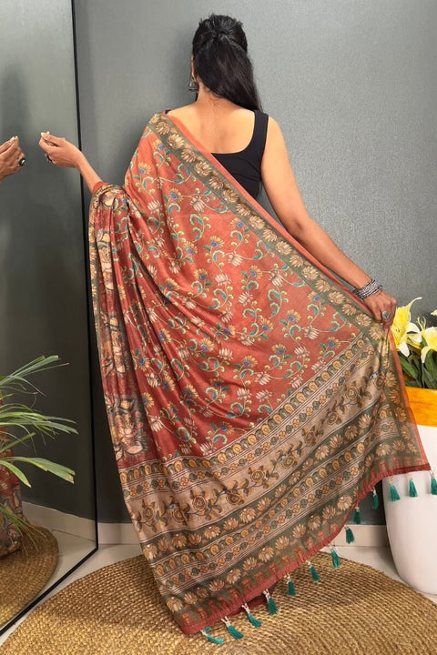 VastraLakshmi Desirable Orange Kalamkari Printed Saree With Stunner Blouse Piece