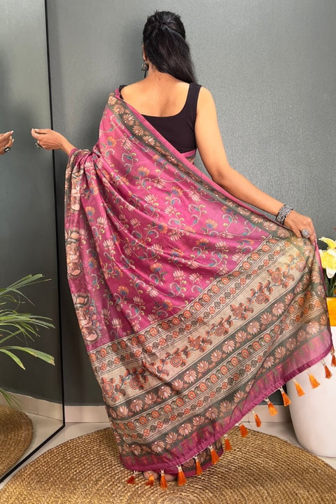 VastraLakshmi Admirable Pink Kalamkari Printed Saree With Dalliance Blouse Piece