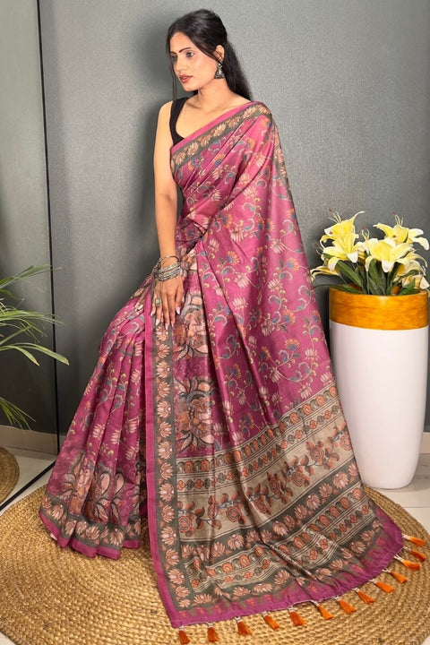 VastraLakshmi Admirable Pink Kalamkari Printed Saree With Dalliance Blouse Piece