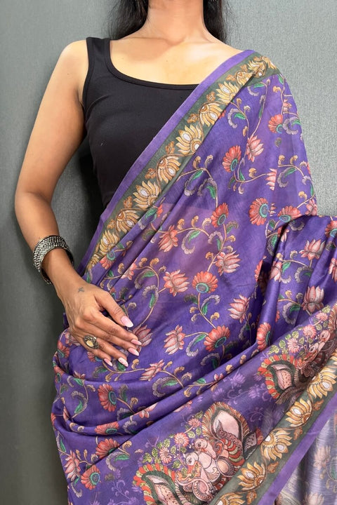 VastraLakshmi Evocative Purple Kalamkari Printed Saree With Lagniappe Blouse Piece