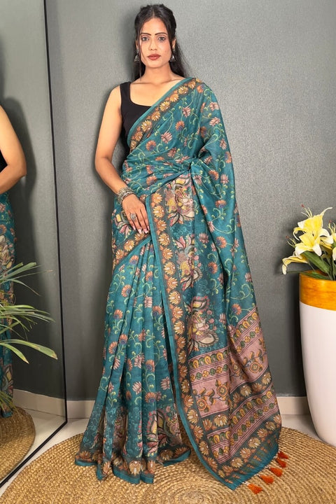 VastraLakshmi Redolent Rama Kalamkari Printed Saree With Denouement Blouse Piece