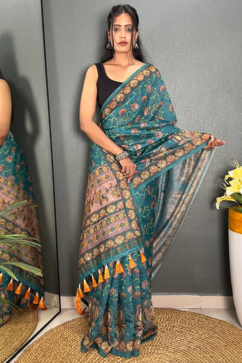 VastraLakshmi Redolent Rama Kalamkari Printed Saree With Denouement Blouse Piece