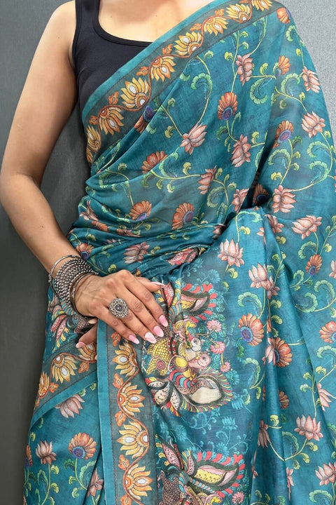 VastraLakshmi Redolent Rama Kalamkari Printed Saree With Denouement Blouse Piece