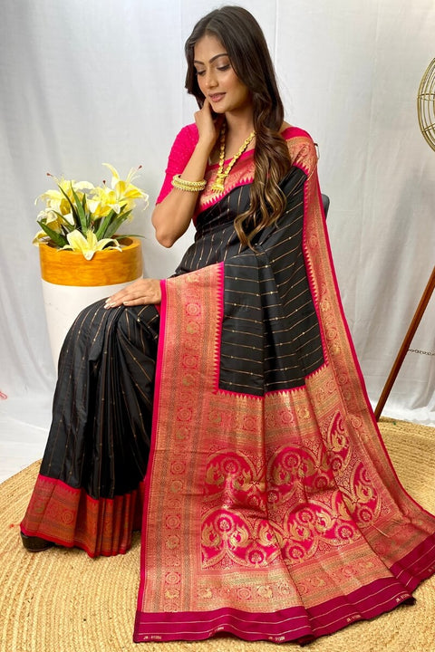 VastraLakshmi Sizzling Black Soft Banarasi Silk Saree With Gratifying Blouse Piece