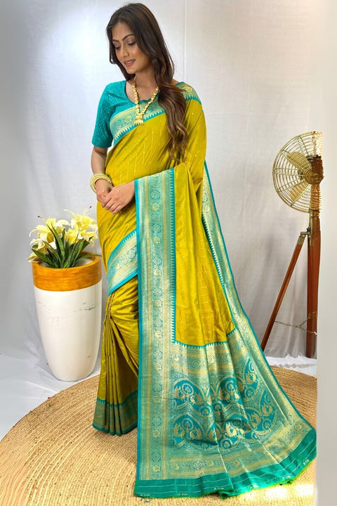 VastraLakshmi Entrancing Mehndi Soft Banarasi Silk Saree With Exquisite Blouse Piece