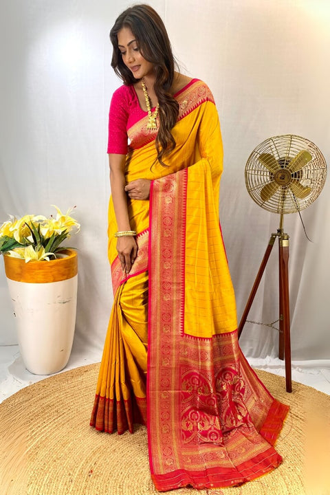 VastraLakshmi Enthralling Yellow Soft Banarasi Silk Saree With Aplomb Blouse Piece