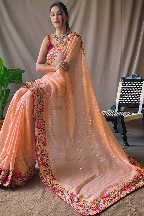 VastraLakshmi Quintessential Peach Sequence Work Georgette Saree With Forbearance Blouse Piece