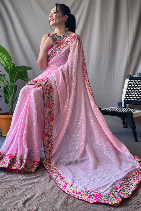 VastraLakshmi Dissemble Pink Sequence Work Georgette Saree With Enticing Blouse Piece