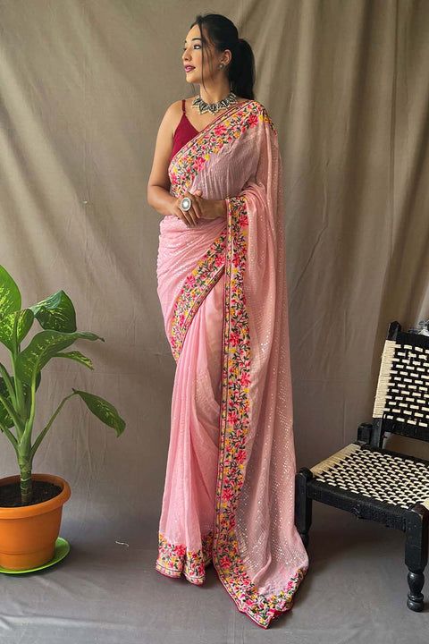 VastraLakshmi Dissemble Pink Sequence Work Georgette Saree With Enticing Blouse Piece