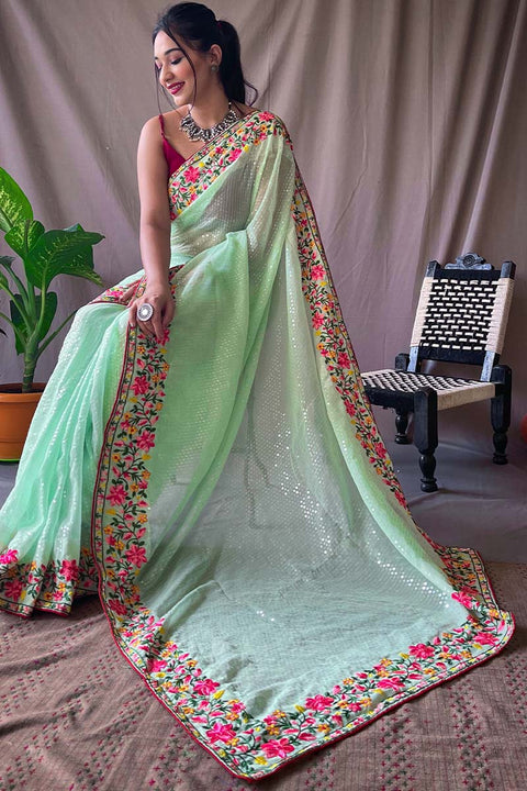 VastraLakshmi Murmurous Pista Sequence Work Georgette Saree With Dalliance Blouse Piece