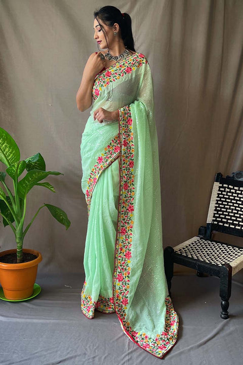 VastraLakshmi Murmurous Pista Sequence Work Georgette Saree With Dalliance Blouse Piece