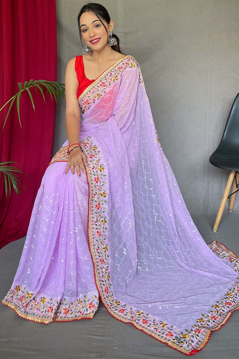 VastraLakshmi Breathtaking Lavender Sequence Work Georgette Saree With Ailurophile Blouse Piece