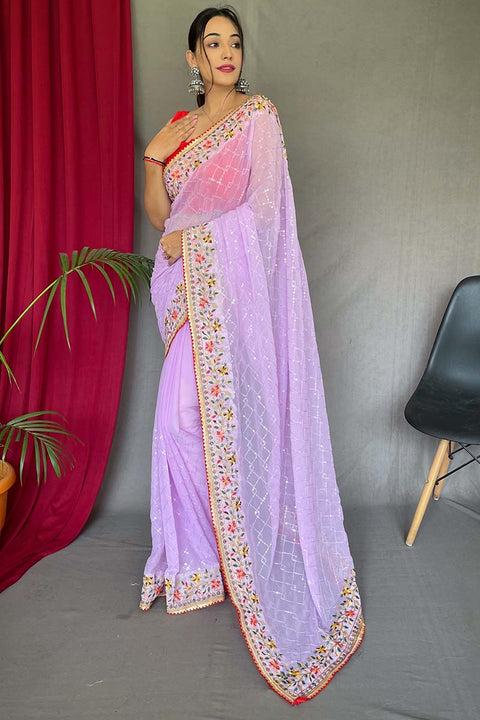 VastraLakshmi Breathtaking Lavender Sequence Work Georgette Saree With Ailurophile Blouse Piece