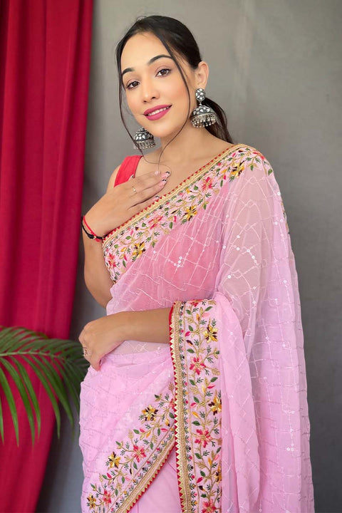 VastraLakshmi Pleasant Pink Sequence Work Georgette Saree With Engrossing Blouse Piece