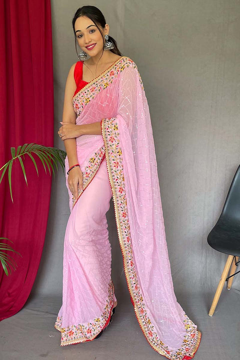 VastraLakshmi Pleasant Pink Sequence Work Georgette Saree With Engrossing Blouse Piece