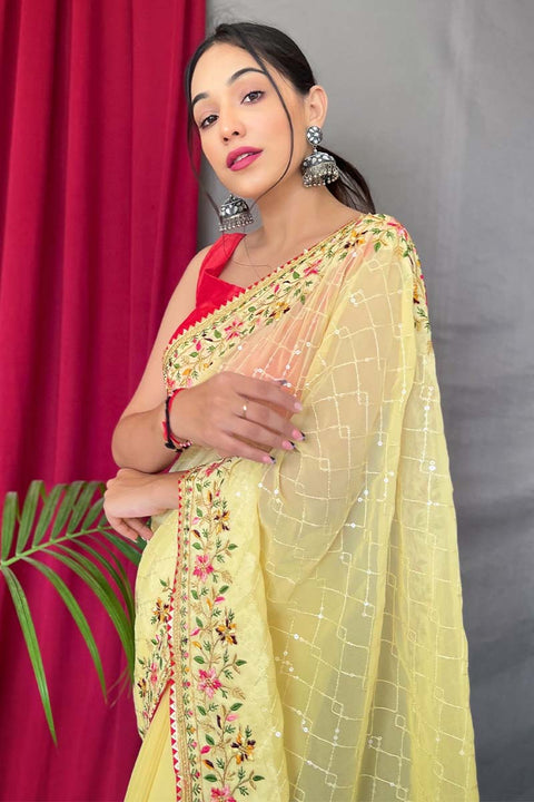 VastraLakshmi Glowing Yellow Sequence Work Georgette Saree With Prominent Blouse Piece