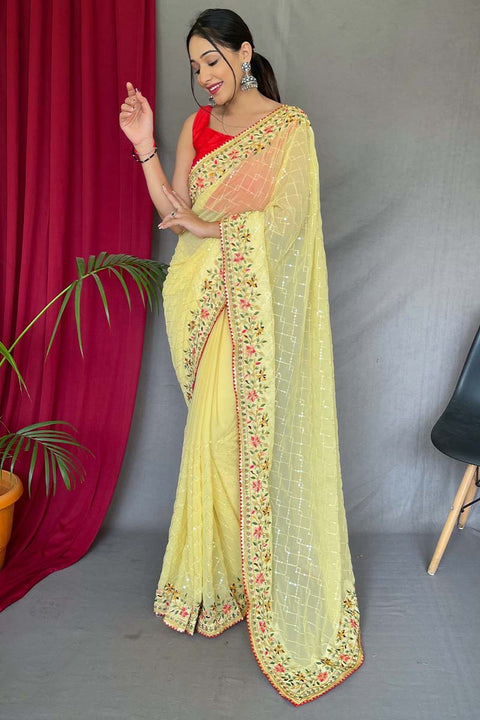 VastraLakshmi Glowing Yellow Sequence Work Georgette Saree With Prominent Blouse Piece