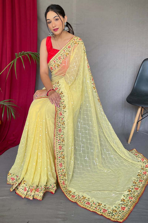 VastraLakshmi Glowing Yellow Sequence Work Georgette Saree With Prominent Blouse Piece