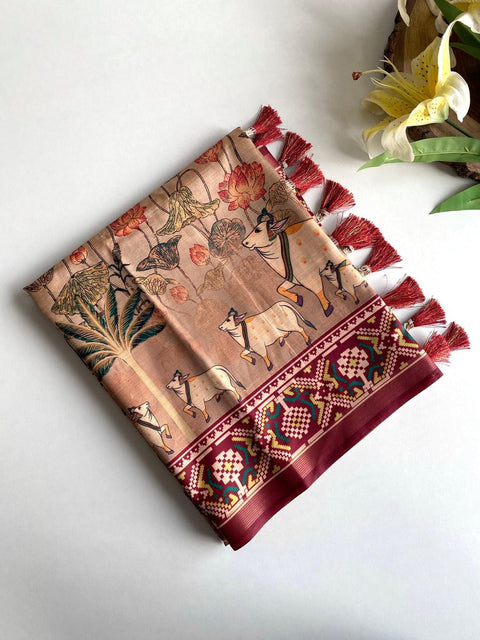 VastraLakshmi Susurrous Brown Kalamkari Printed Viscose Dola Silk Saree With Pleasurable Blouse Piece