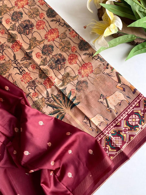 VastraLakshmi Susurrous Brown Kalamkari Printed Viscose Dola Silk Saree With Pleasurable Blouse Piece