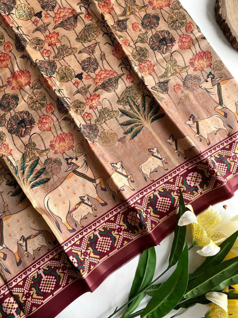 VastraLakshmi Susurrous Brown Kalamkari Printed Viscose Dola Silk Saree With Pleasurable Blouse Piece