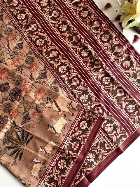 VastraLakshmi Susurrous Brown Kalamkari Printed Viscose Dola Silk Saree With Pleasurable Blouse Piece