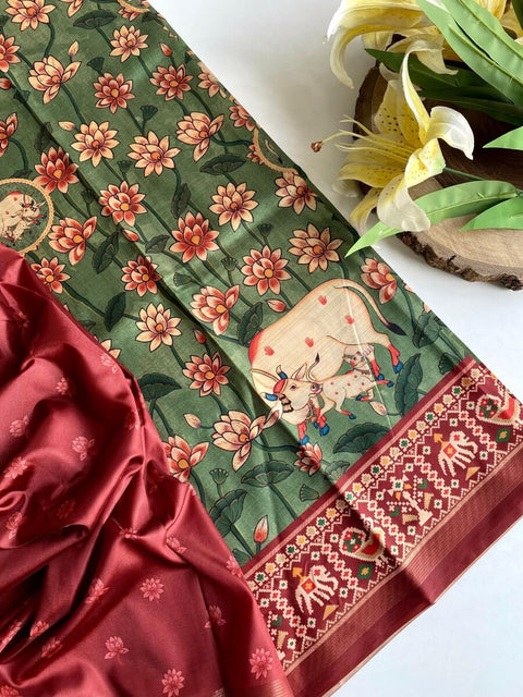 VastraLakshmi Fantabulous Green Kalamkari Printed Viscose Dola Silk Saree With SnappyBlouse Piece