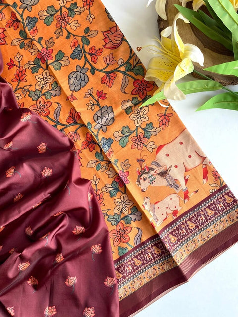 VastraLakshmi Engaging Orange Kalamkari Printed Viscose Dola Silk Saree With Artistic Blouse Piece