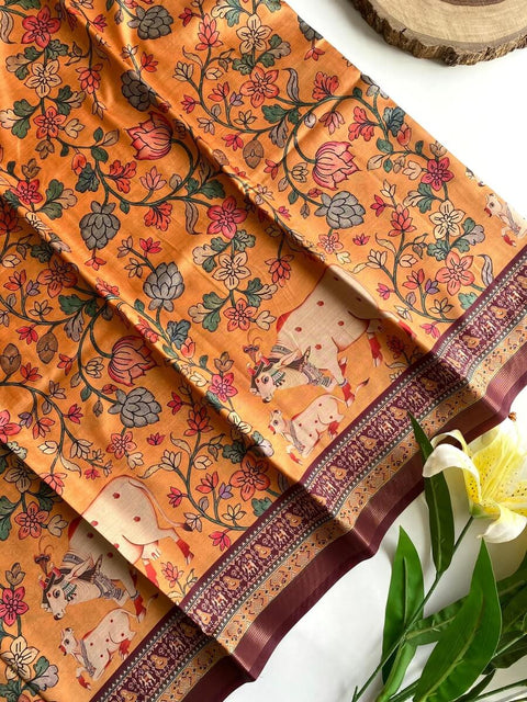 VastraLakshmi Engaging Orange Kalamkari Printed Viscose Dola Silk Saree With Artistic Blouse Piece