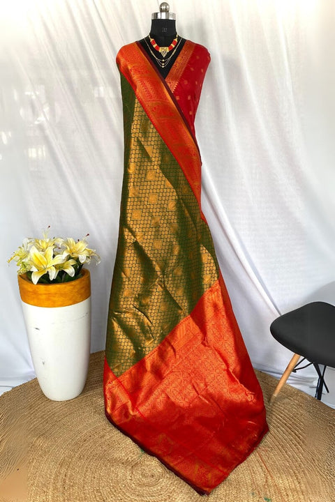 VastraLakshmi Stunner Dark Green Kanjivaram Silk Saree With Bucolic Blouse Piece