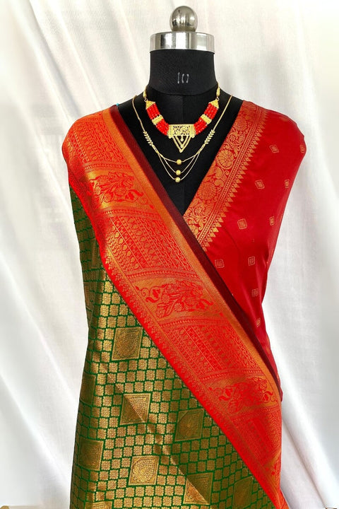 VastraLakshmi Stunner Dark Green Kanjivaram Silk Saree With Bucolic Blouse Piece