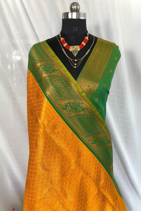 VastraLakshmi Flattering Mustard Kanjivaram Silk Saree With Innovative Blouse Piece