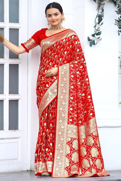 VastraLakshmi Wonderful Red Soft Banarasi Silk Saree With Dazzling Blouse Piece