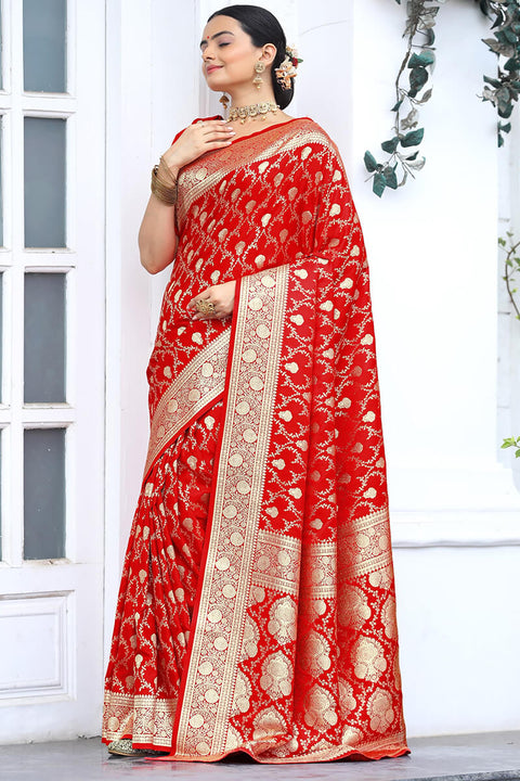 VastraLakshmi Wonderful Red Soft Banarasi Silk Saree With Dazzling Blouse Piece