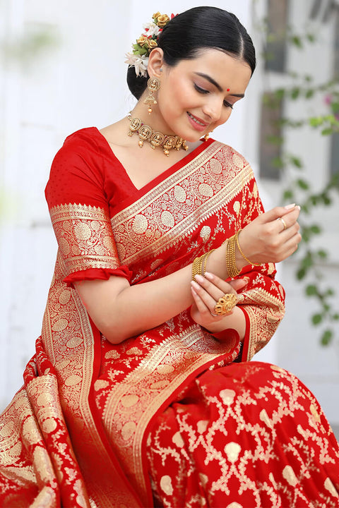 VastraLakshmi Wonderful Red Soft Banarasi Silk Saree With Dazzling Blouse Piece